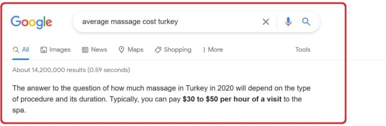متوسط قیمت خدمات ماساژ در ترکیه طبق استعلام از آقای گوگل